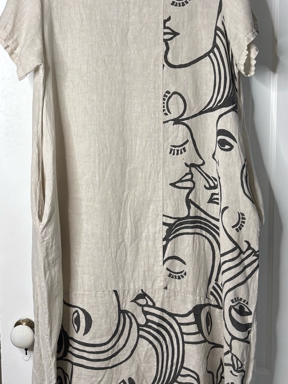 Artist-Print Cream Linen Tunic Dress with Black Face Motif